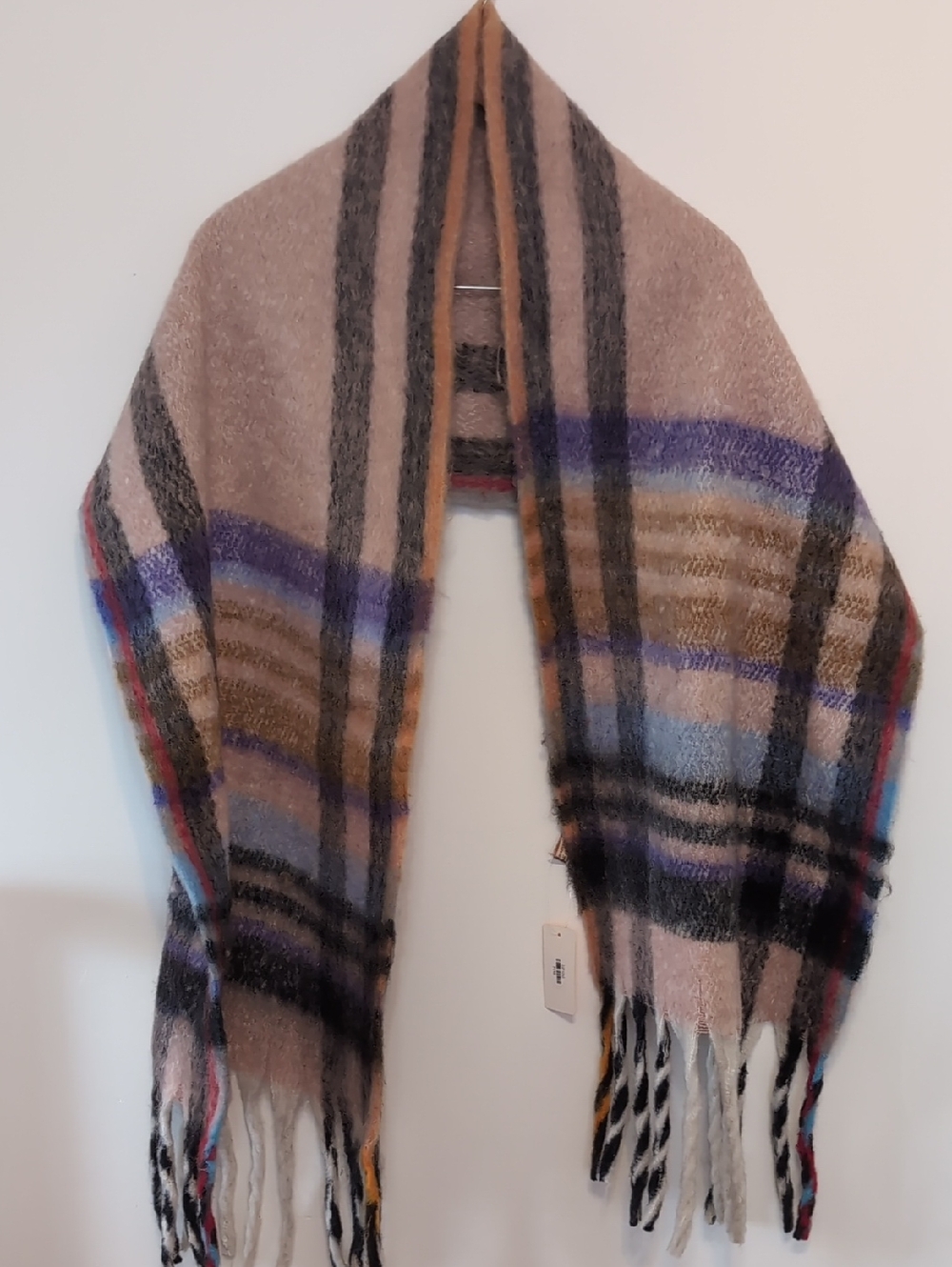 Love of Fashion Pink Grey Plaid Plush Oversized Fringe Scarf New with Tag